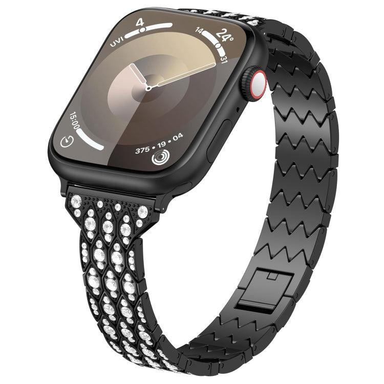 Black metal Apple Watch band with sparkling devil-eye inlay and zigzag clasp