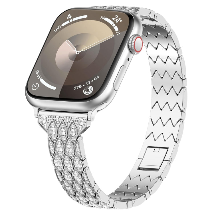 Silver metal watch band, diamond rows on center panel with zigzag link bracelet