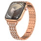 Rose gold Apple Watch bracelet band with zigzag metal links, rhinestone face panel, devil eye
