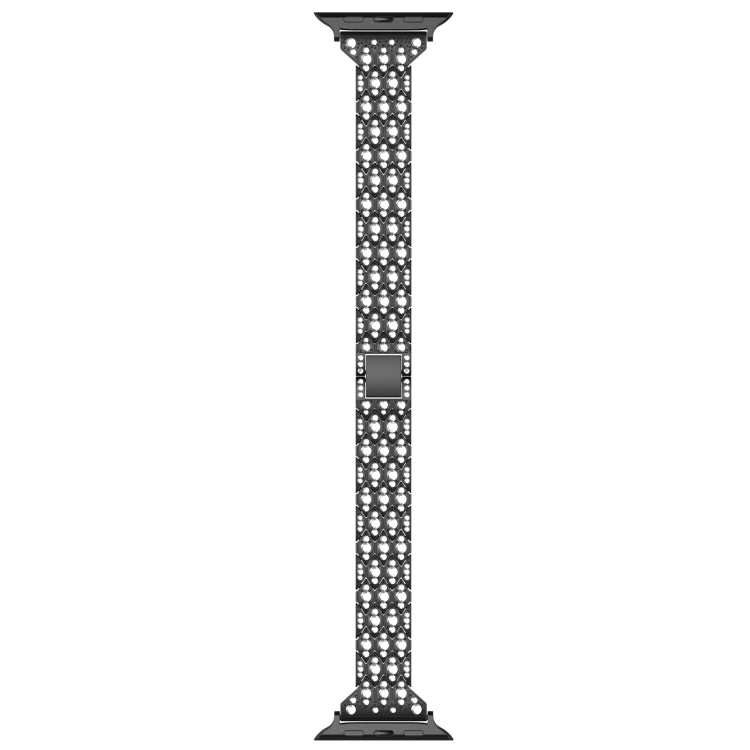Black rhinestone watch band with straight row of embedded crystals