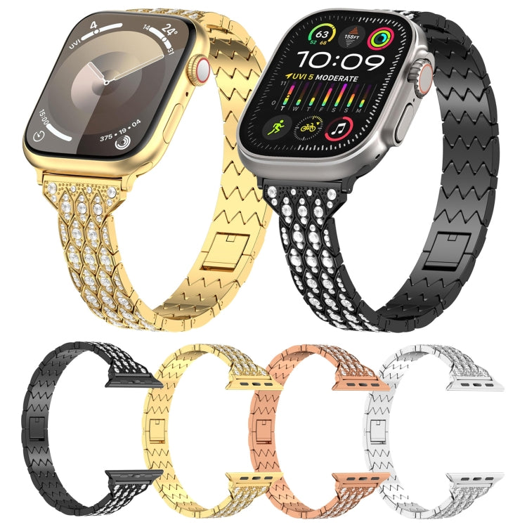 Multi-band set: gold, black, rose gold, and silver zigzag watch straps with rhinestones