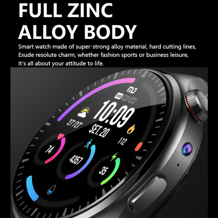 1.53-inch smart watch with front camera support, angled view of metal case and colorful icons