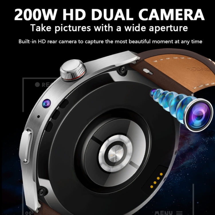 Silver smartwatch with circular camera module and leather band