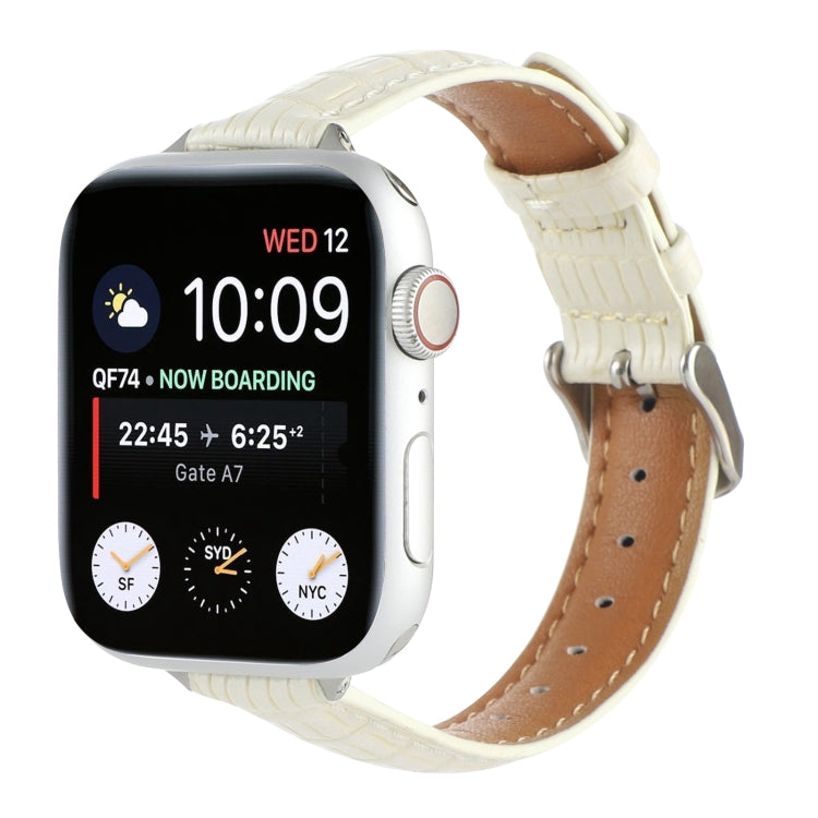 Beige slim crocodile leather watch band with perforations and metal clasp