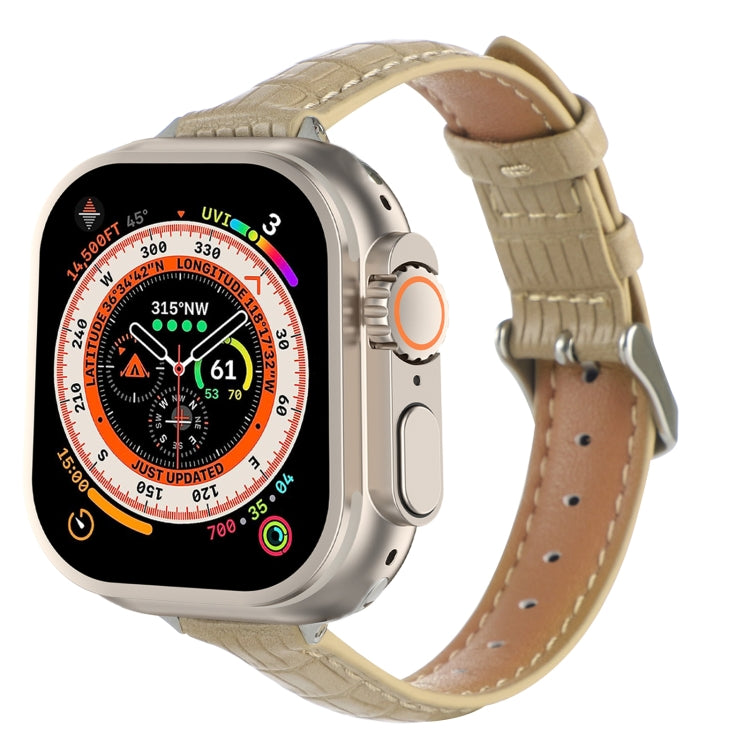 Khaki crocodile leather watch band with stitched edges and buckle holes