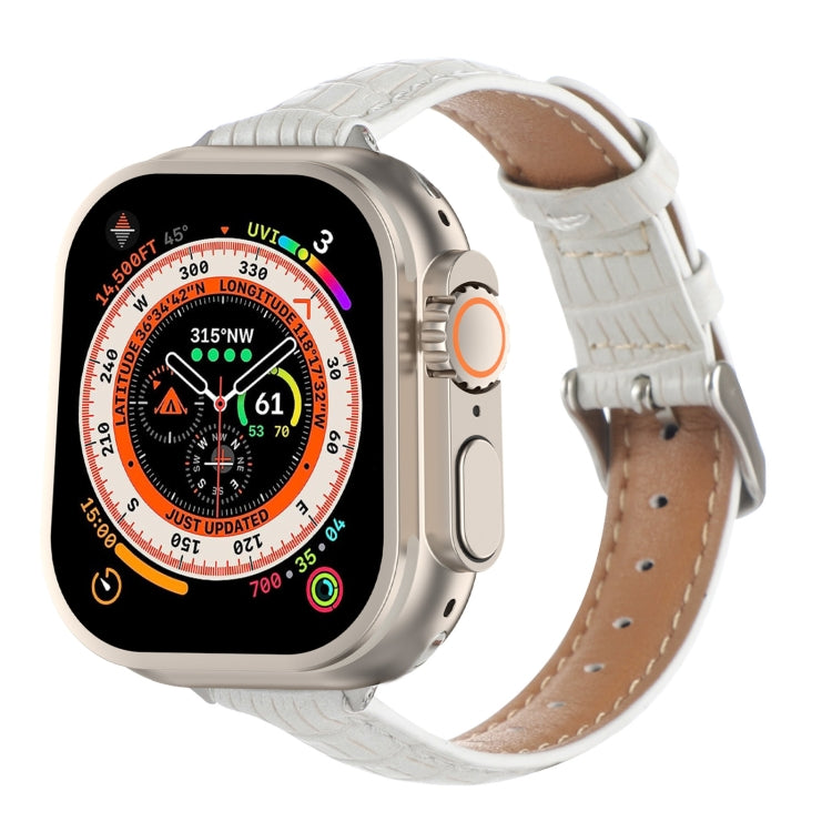 Slim crocodile leather watch band in white, with stitched holes and buckle strap