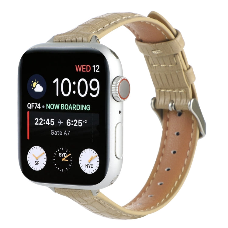 Slim crocodile leather watch band in beige, with stitched holes and buckle strap