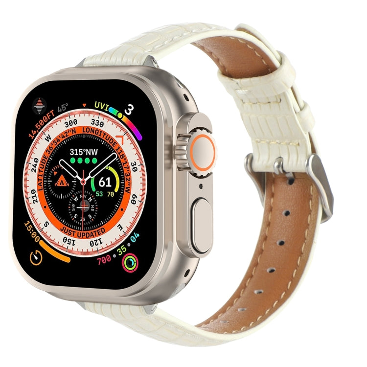 Crocodile leather Apple Watch band, off-white with tan lining and buckle holes
