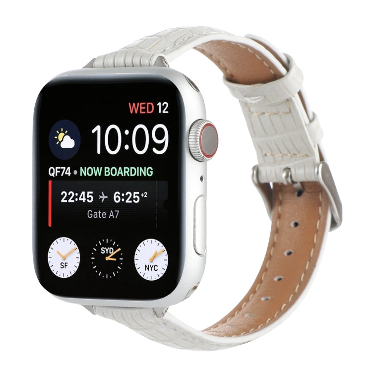 Crocodile leather watch band in white with stitched edges and buckle closure