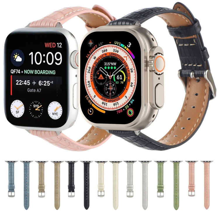 Crocodile leather watch bands in pink and black with stitched edges and buckles