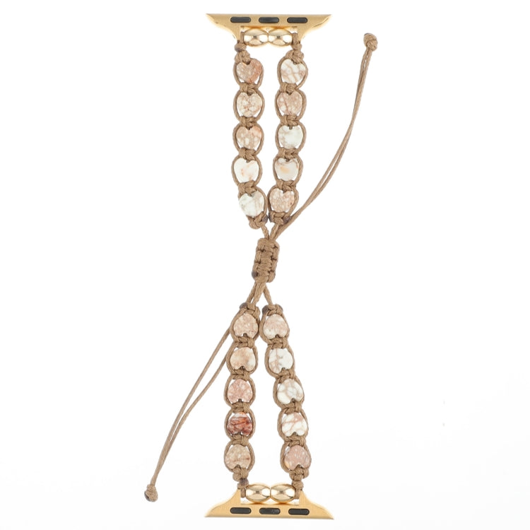 Clear/beige heart-stone drawstring chain watch band for Apple Watch, braided cord closure