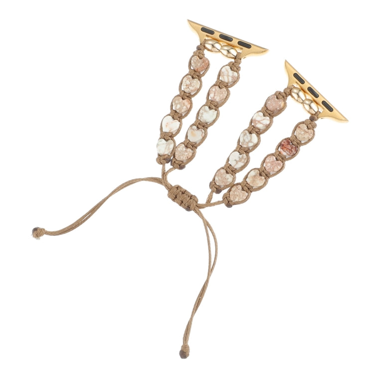 Heart-stone drawstring watch band with beige and brown oval heart links and gold connector