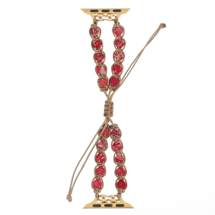 Red heart-stone drawstring watch band with oval heart links and gold connector for Apple Watch