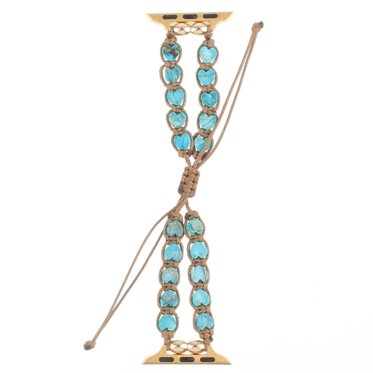 Heart-stone drawstring chain watch band with oval heart stones, blue