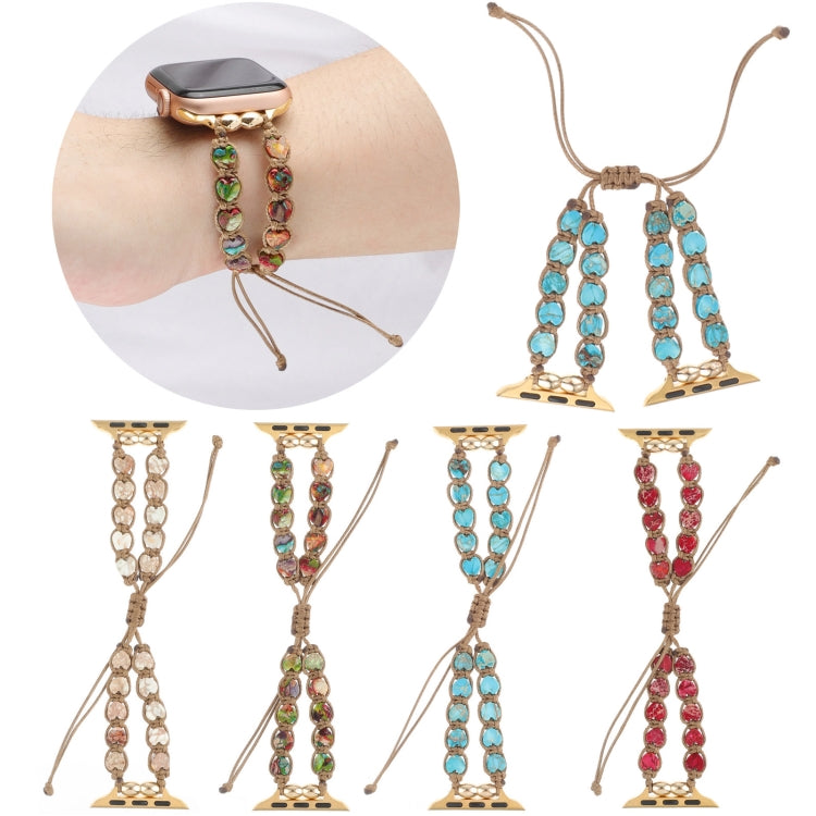 Assorted heart-stone drawstring chain Apple Watch bands in blue, red, and clear tones