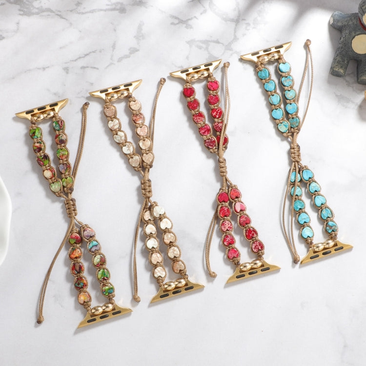 Set of heart-stone drawstring chain watch bands in multicolor, beige, blue, and red