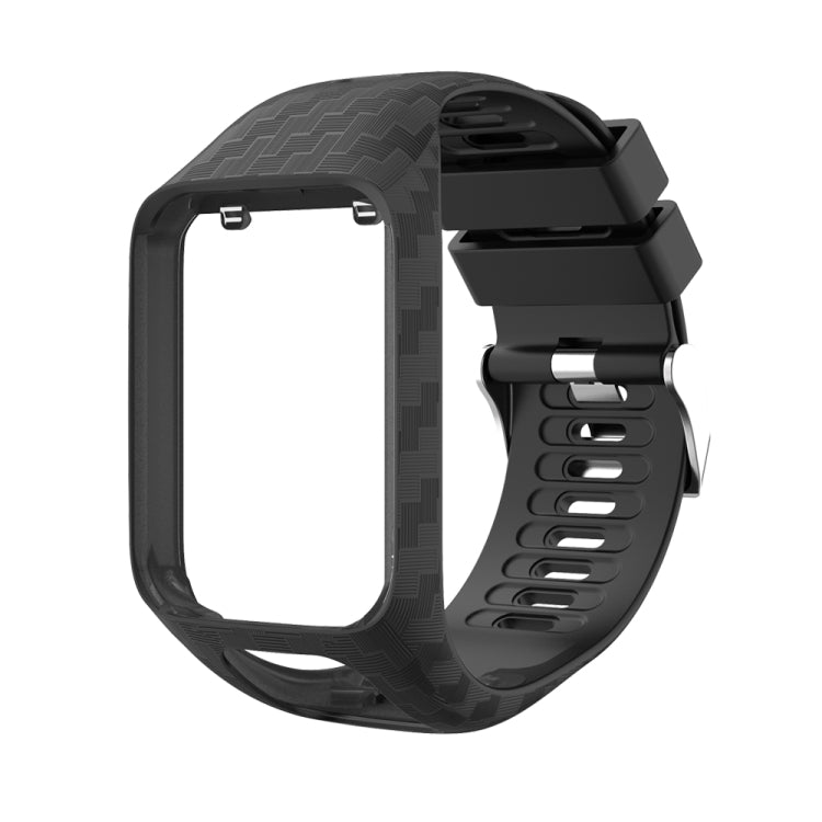 Black textured watch strap with clasp and buckle for Tomtom Radium carving-style watch