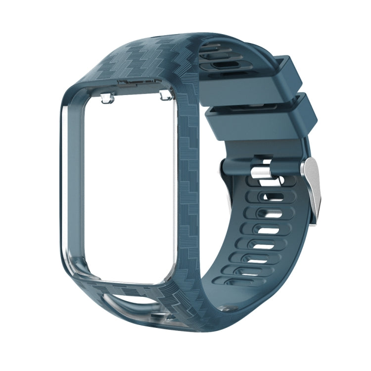 Dark blue textured silicone watch strap with adjustable clasp and metal pin