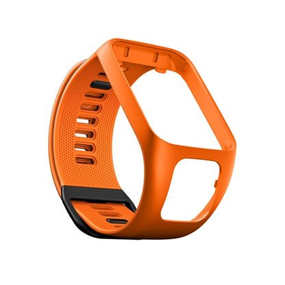 Orange silicone replacement watch strap with perforated texture and adjustable buckle