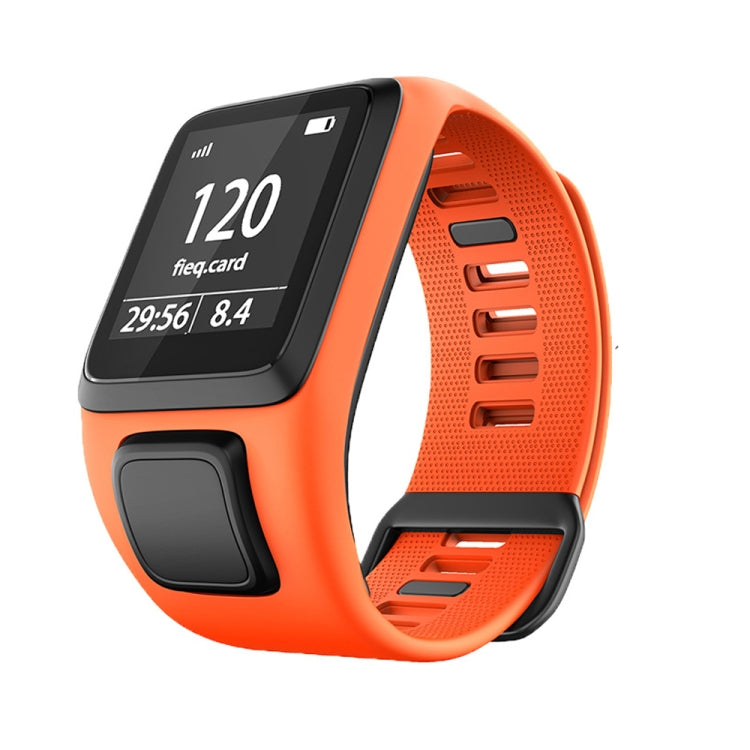 Orange silicone replacement watch strap with black side buttons and perforated band