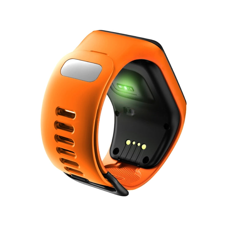 Orange silicone replacement watch strap with watch clasp and perforated underside