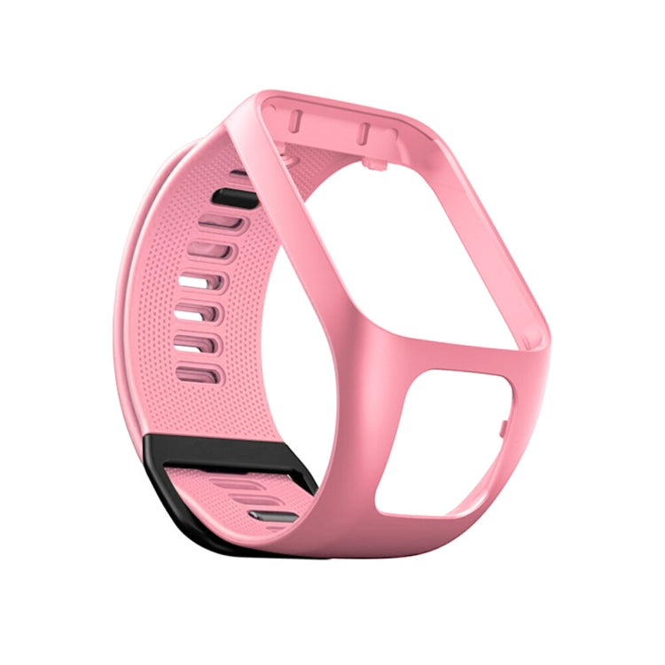 Pink silicone replacement watch strap with perforated texture and adjustable clasp