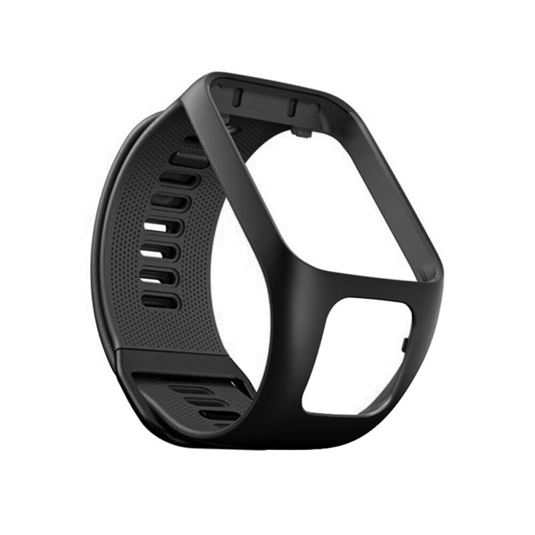 Black silicone replacement watch strap with perforated band and adjustable clasp