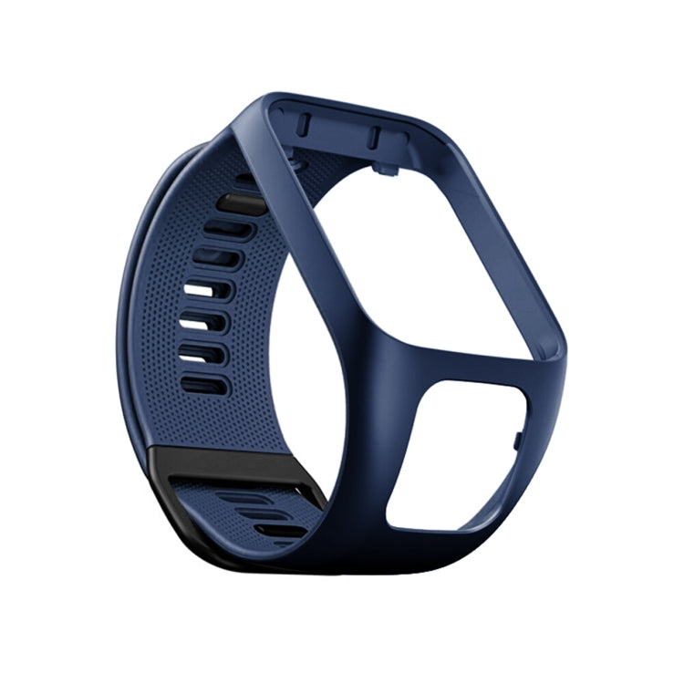 Dark blue silicone replacement watch strap with perforated band and adjustable clasp