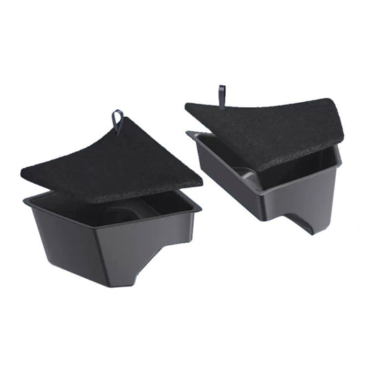 Pair of black car trunk side storage boxes with flocked lids