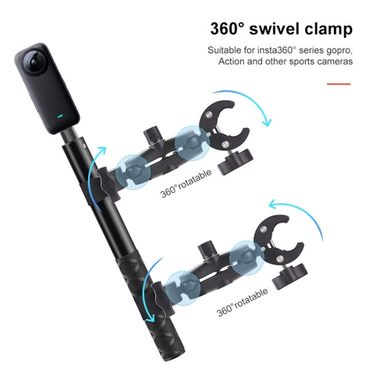 Telescopic selfie stick with 360-degree swivel clamp arms and adjustable phone mount