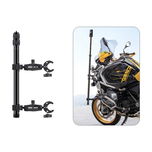 Motorcycle handlebar telescopic selfie stick with dual U-clamp mounts and phone holder