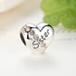 Silver heart charm bead engraved 'Sister' with multiple round crystal inlays