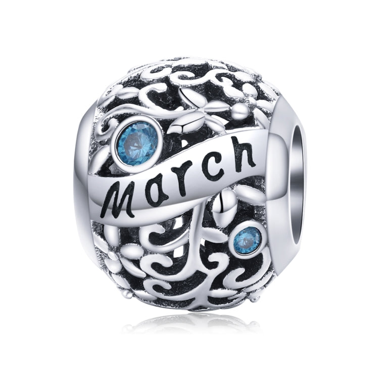 Sterling silver birthstone charm bead with March script and blue crystal accents