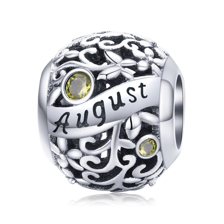 Sterling silver birthstone charm bead, August engraving with yellow-green round gemstones