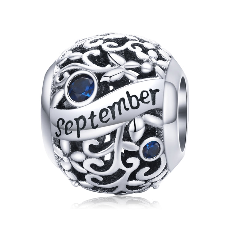 Sterling silver birthstone charm bead, September engraving with blue round gemstones