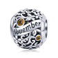 Sterling silver birthstone charm bead, November engraving with amber round gemstones