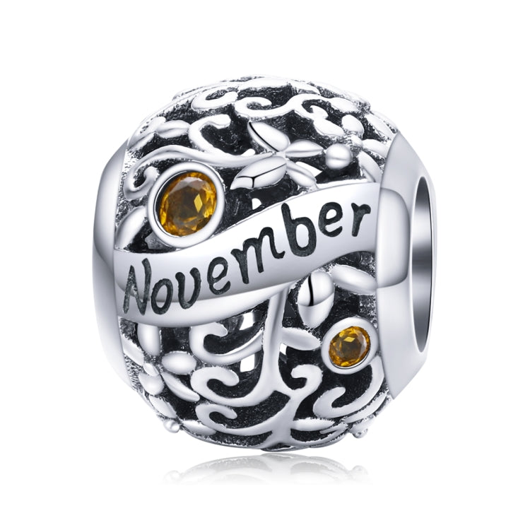 Sterling silver birthstone charm bead, November engraving with amber round gemstones