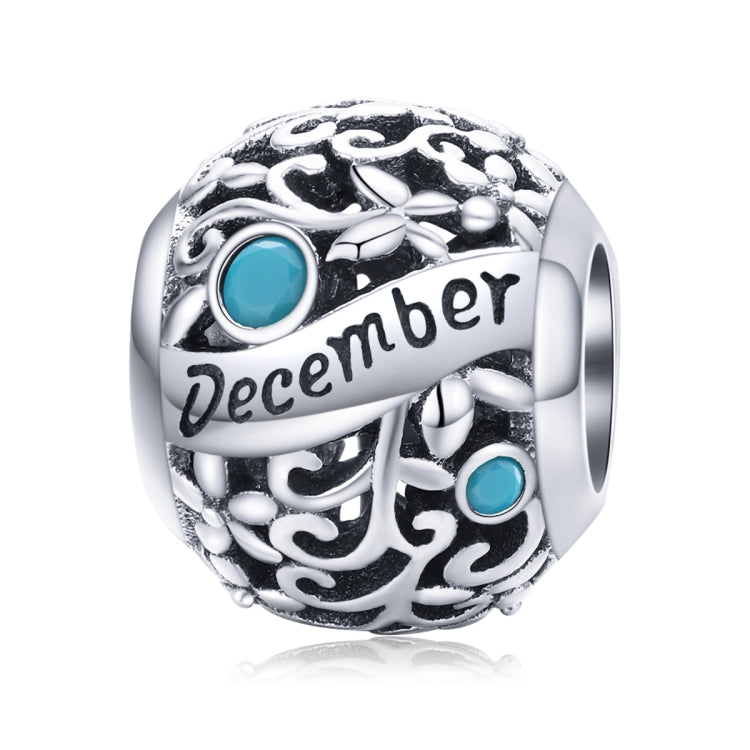 Sterling silver birthstone charm bead, December engraving with teal round gemstones