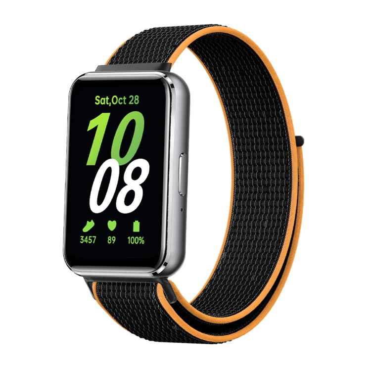 Woven nylon loop watch band for Galaxy Fit 3, black strap with orange edge trim.