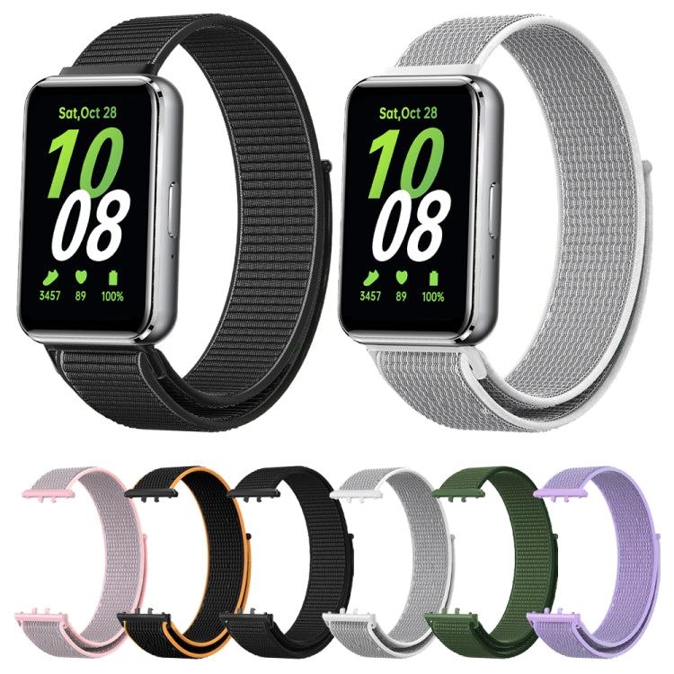Woven nylon loop watch band for Galaxy Fit 3, black and light gray bands shown.