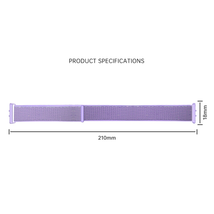 Woven nylon loop watch band in purple, 210mm length and 18mm width.