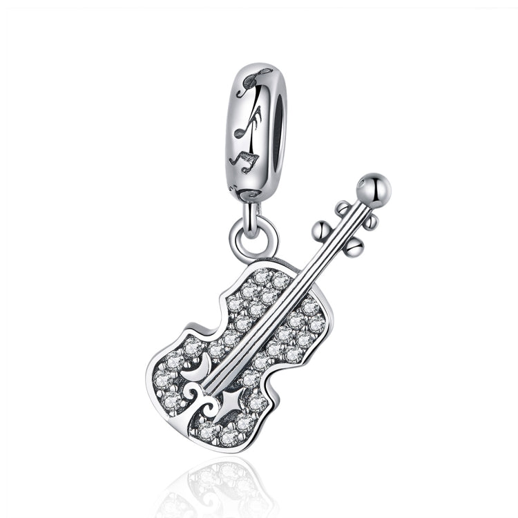 Silver violin pendant charm with zircon stones and a decorative bail