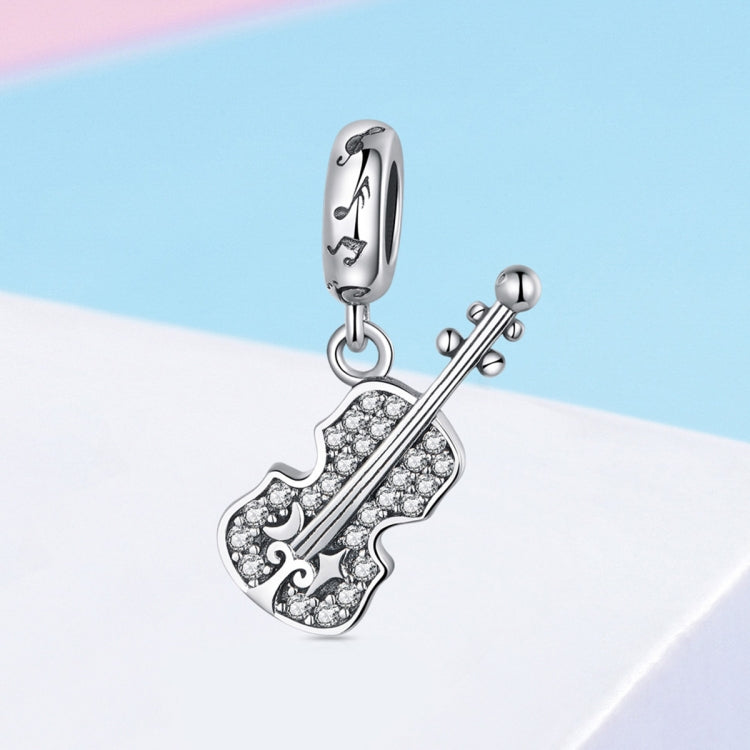 Silver violin pendant charm with zircon accents and music note bail