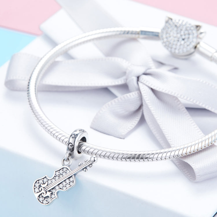 S925 silver violin charm pendant with zircon accents