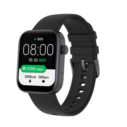 Black square smartwatch with black silicone strap, fitness stats on the display