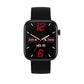 Black square smartwatch with black silicone strap, red digital clock face on screen