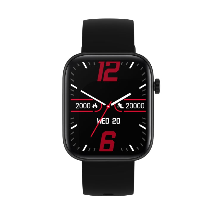 Black square smartwatch with black silicone strap, red digital clock face on screen