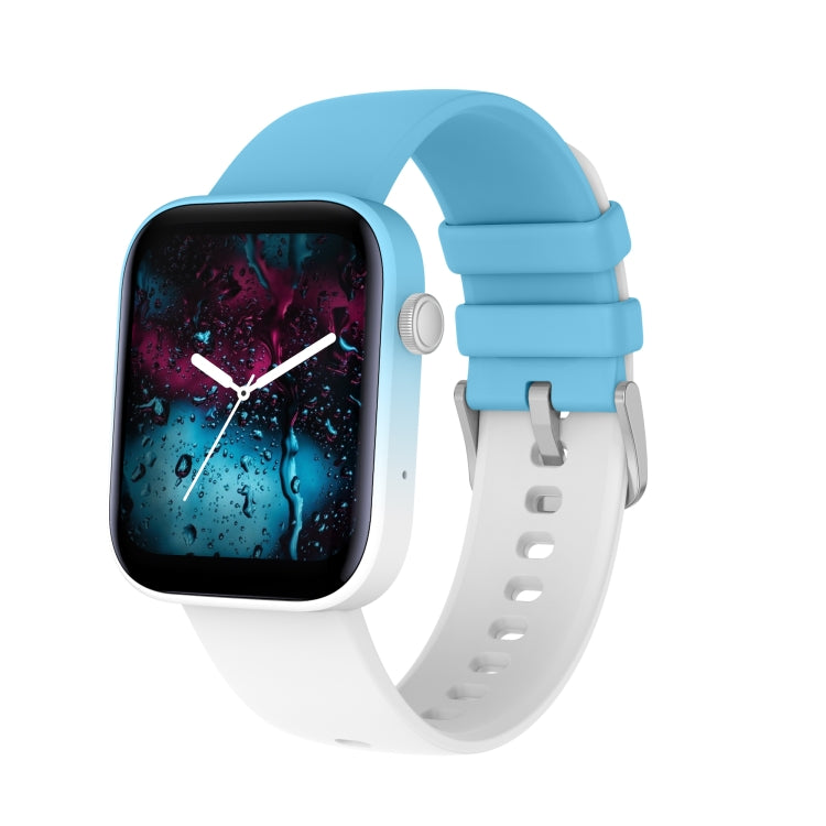 Light blue square smartwatch with light blue silicone strap, colorful raindrop-style screen