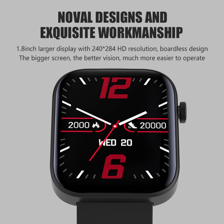 Black square smartwatch with black silicone strap, red 12 digital time on display