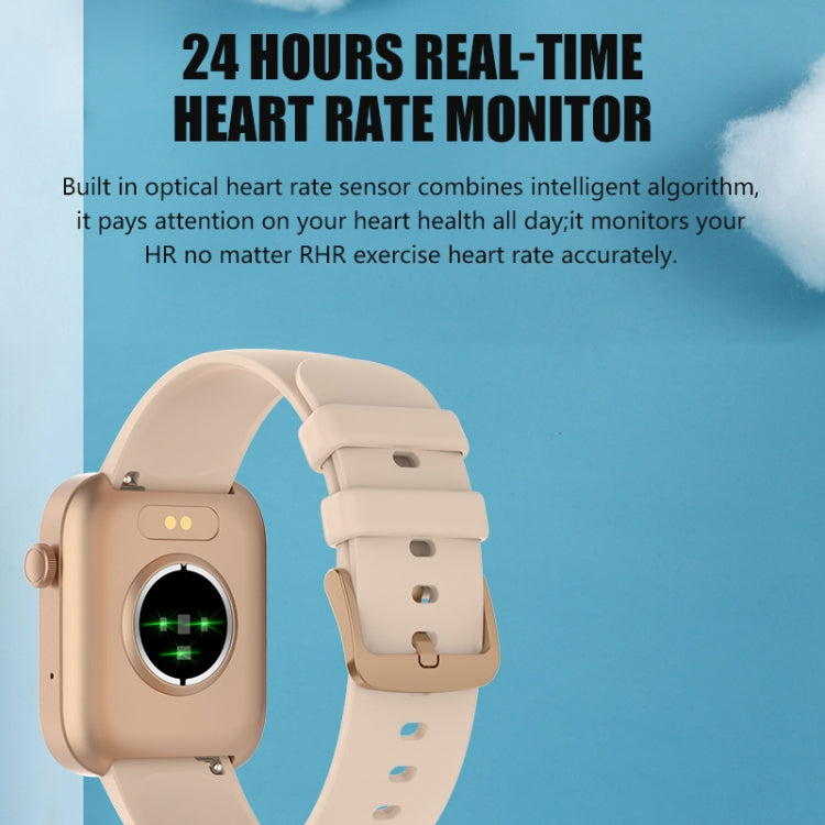 Beige smartwatch with beige silicone strap, heart-sensor light on the back
